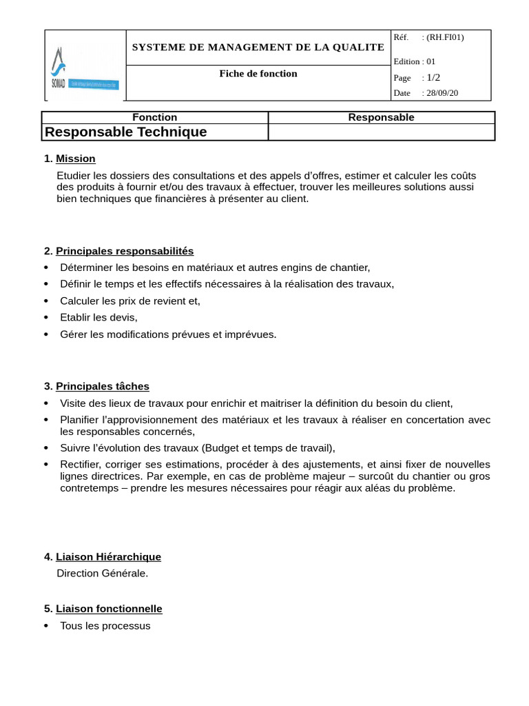 Fiche de fonction : Responsable Technique | PDF | Système de management ...