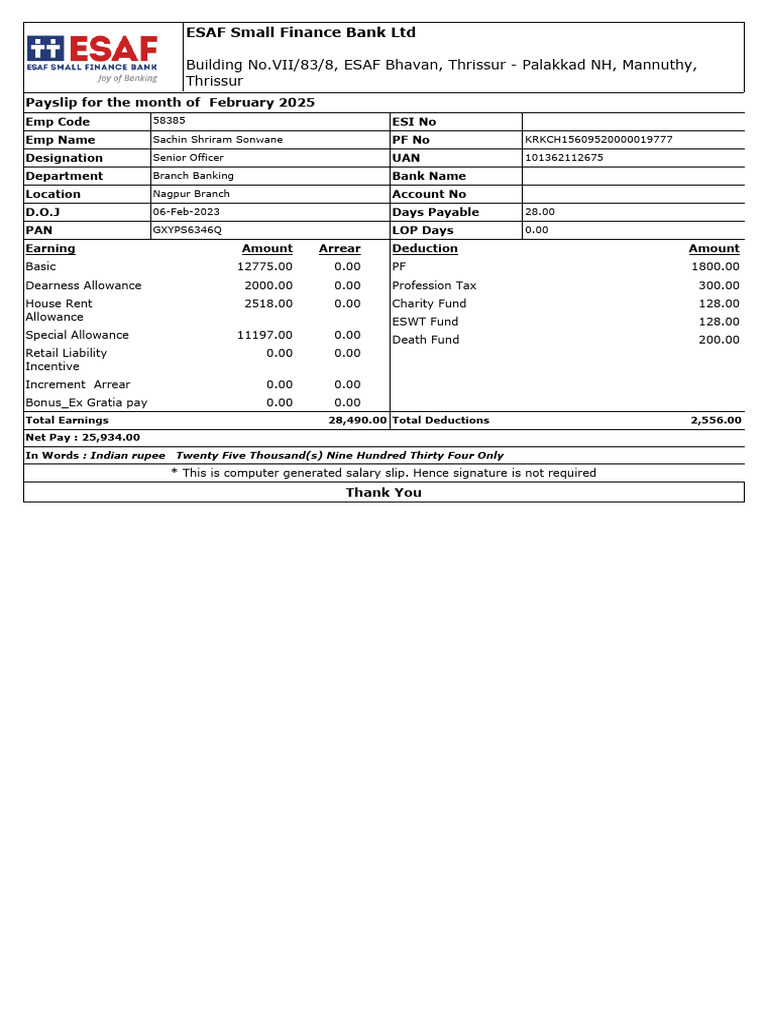 ESAF Bank February 2025 Salary Slip | PDF