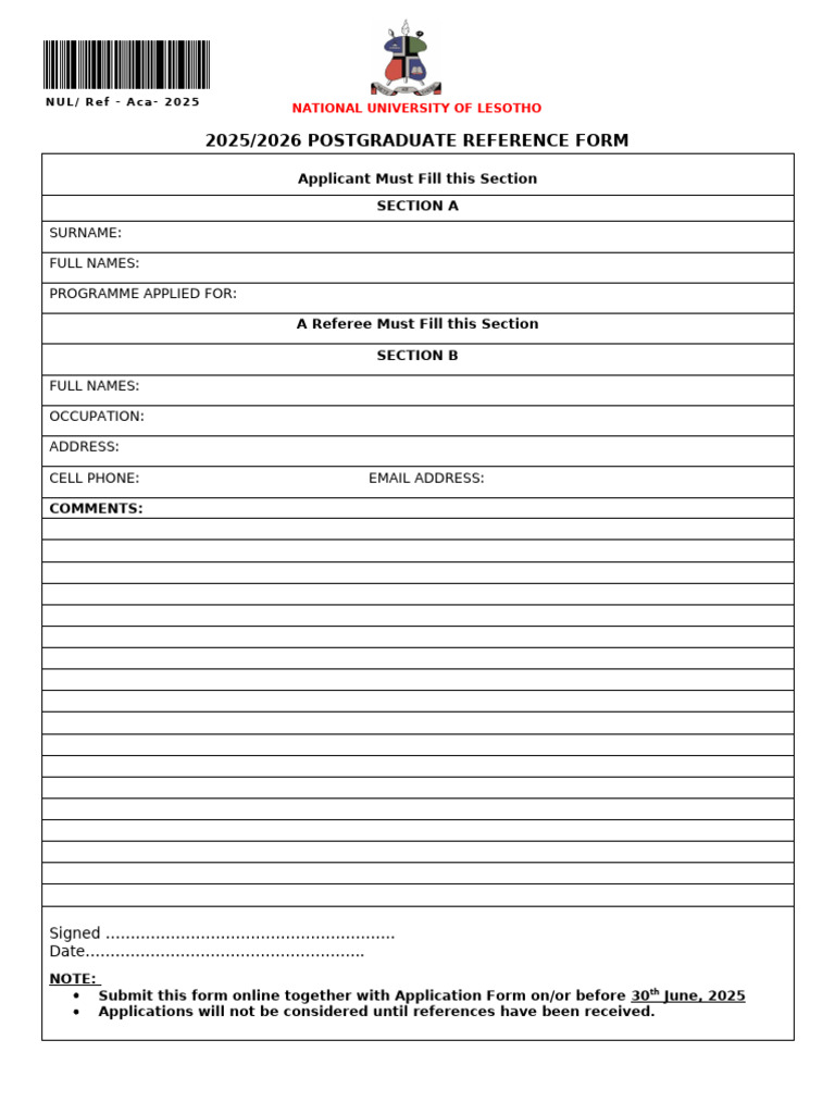 NUL 2025 Postgraduate Reference Form | PDF