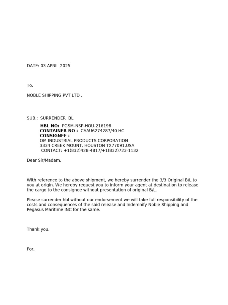 HBL Surrender Request for Shipment | PDF