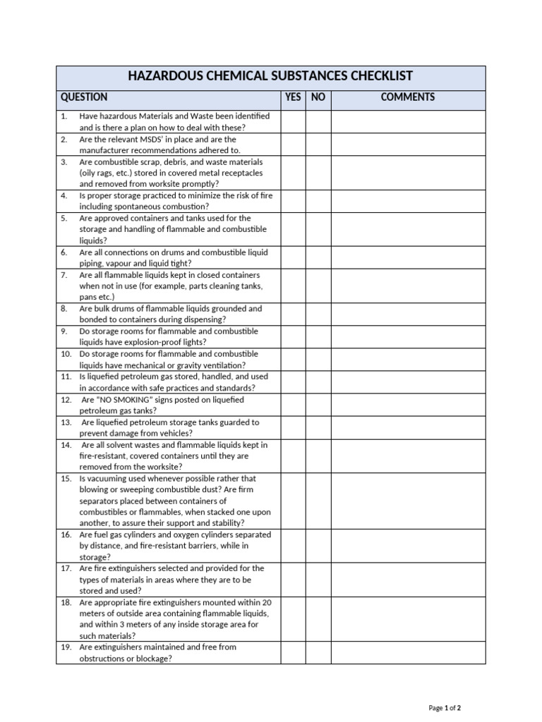 Hazardous Chemical Safety Checklist | PDF | Fires | Industrial Processes