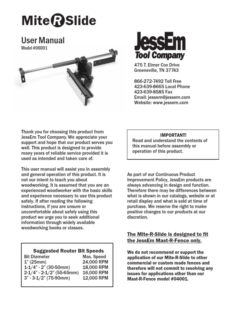 JessEm Mite-R-Slide User Manual | PDF | Screw | Tools