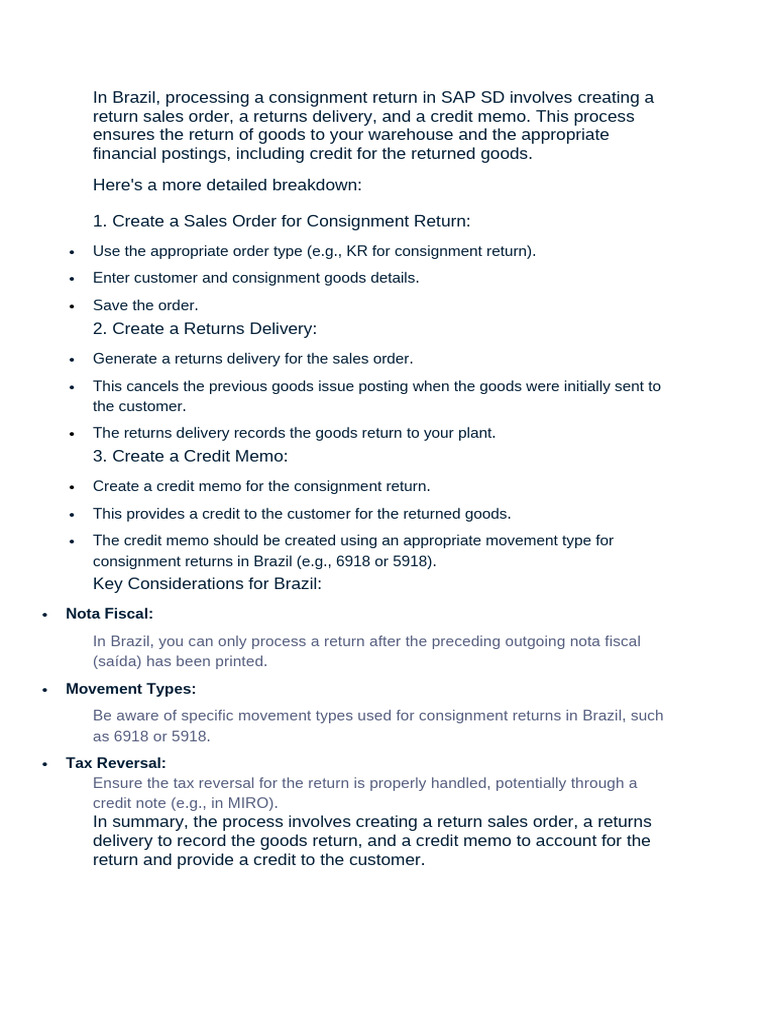 Brazil Consignment Return Process in Sap SD | PDF