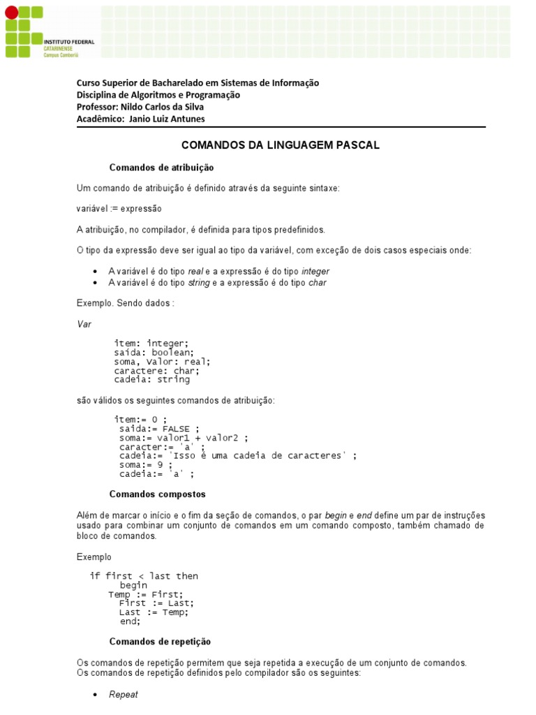 Comandos da Linguagem Pascal | PDF | Compilador | String (Ciência da ...