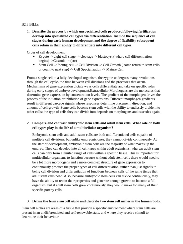 B2.3 BILLs | PDF | Cell Potency | Cellular Differentiation