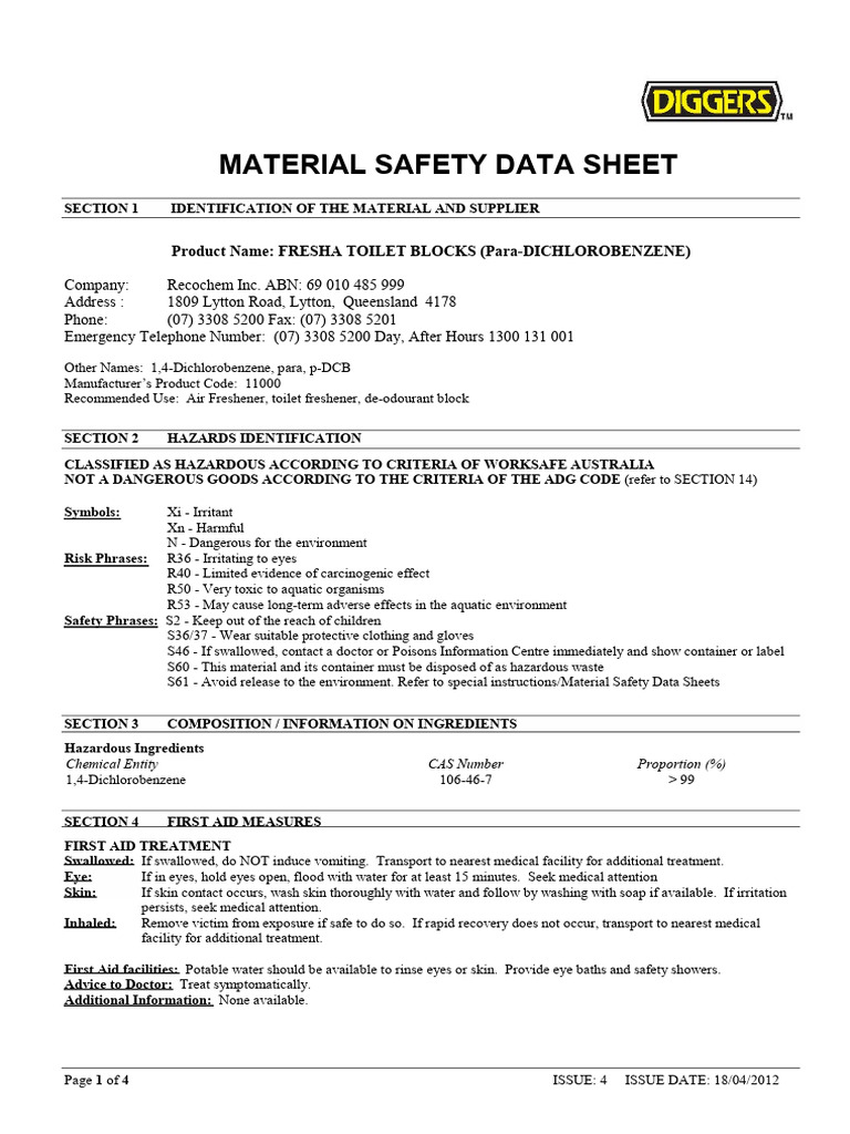 FRESHA Toilet Blocks MSDS Guide | PDF | Dangerous Goods | Toxicity