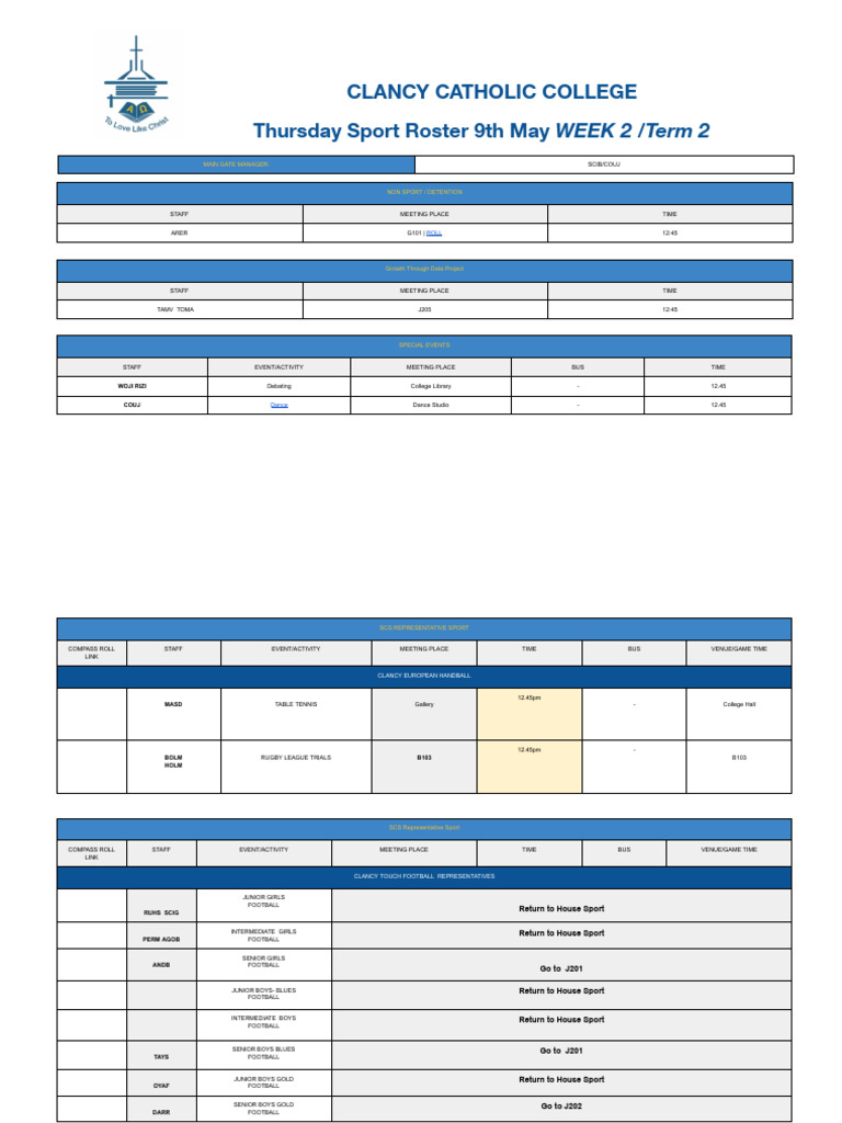TERM 2 STUDENT SPORT ROSTER - WEEK 2 9th May | PDF | Team Sports ...