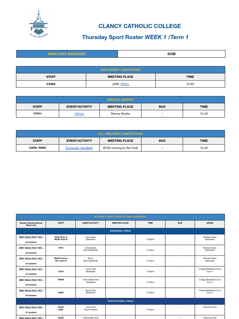 Term 1 Student Sport Roster - Week 1 | PDF | Athletic Sports | Team Sports