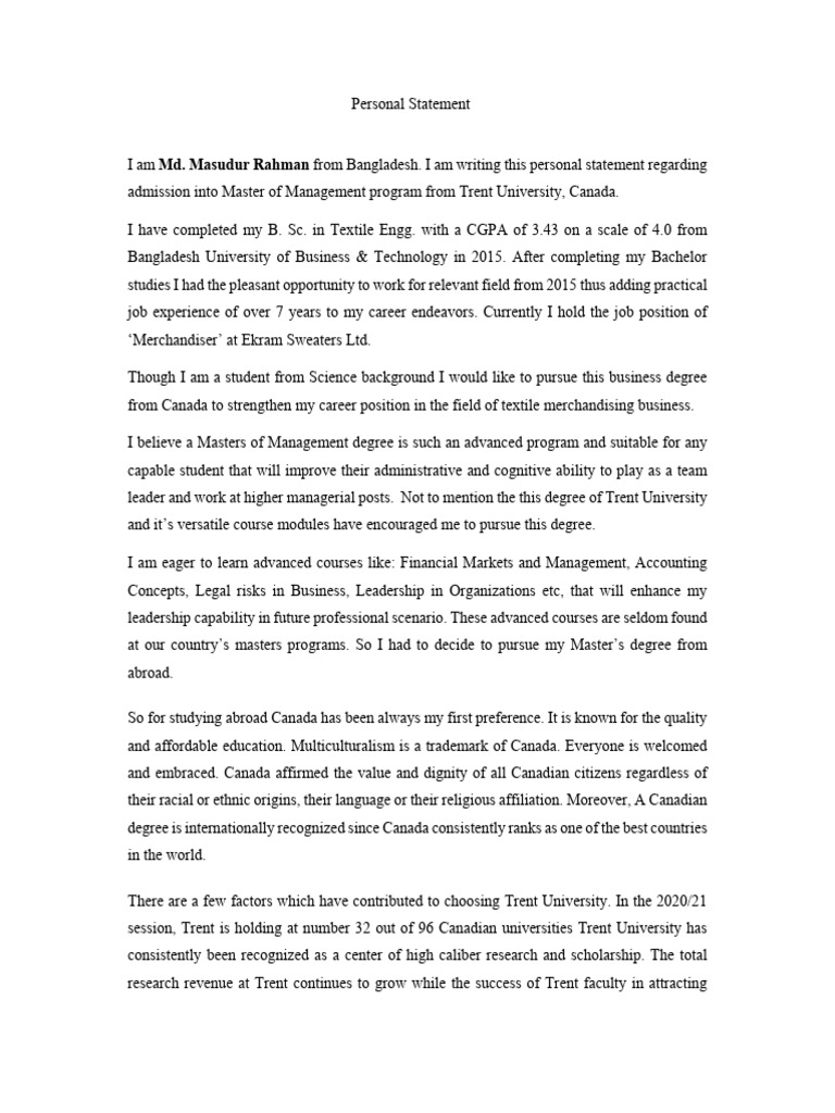 Personal Statement - Md. Masudur Rahman | PDF | Business | Economies