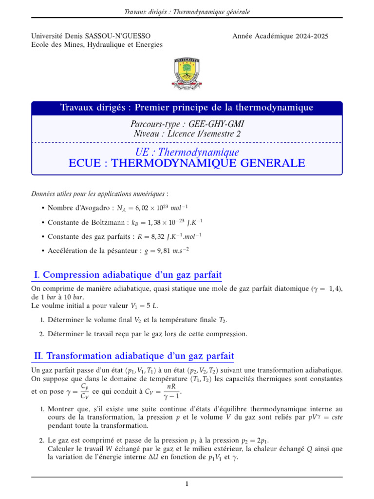 Compression et transformations adiabatiques | PDF | Thermodynamique ...