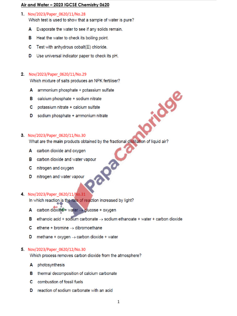 IGCSE Chemistry 2023: Air and Water | PDF