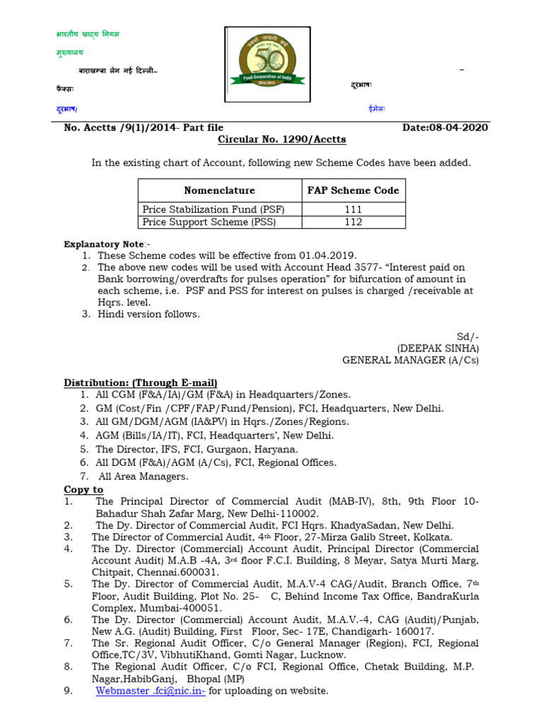 New Scheme Codes for FCI Accounts | PDF