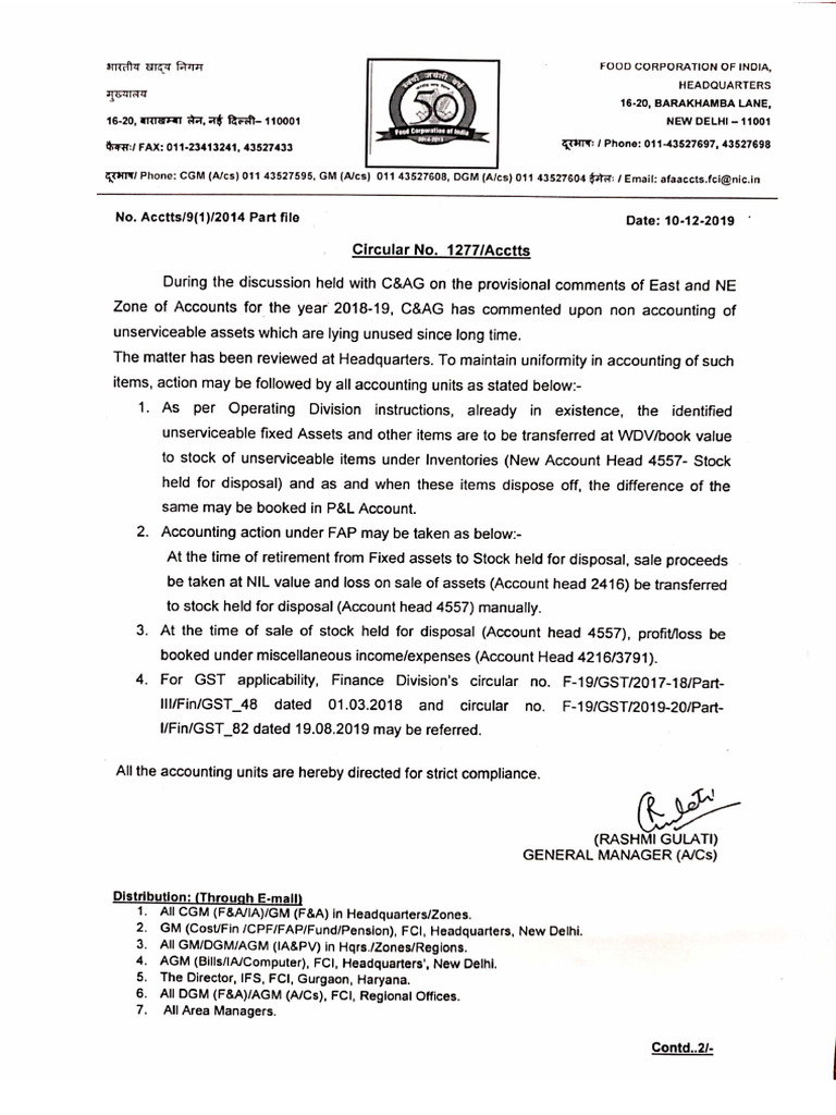 Circular No. 1277 Instruction Regarding Accounting of Unserviceable ...
