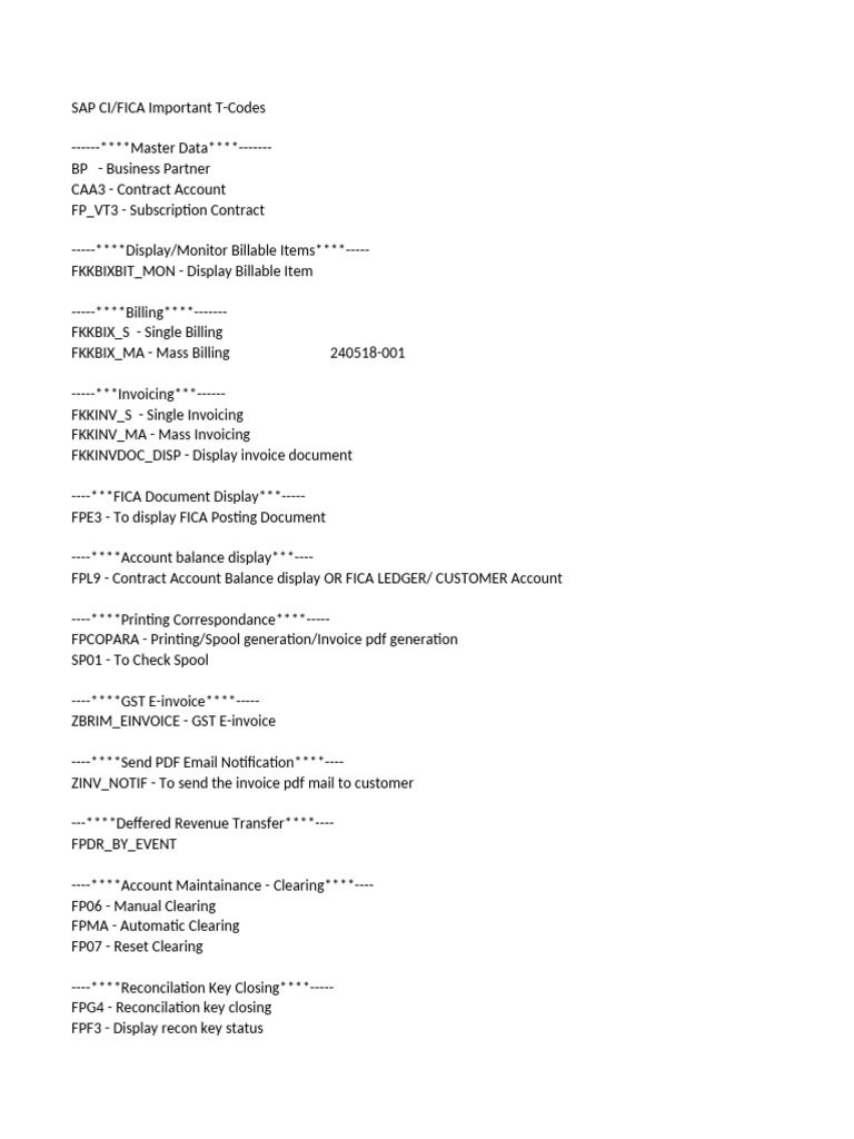Essential SAP CI/FICA T-Codes Guide | PDF