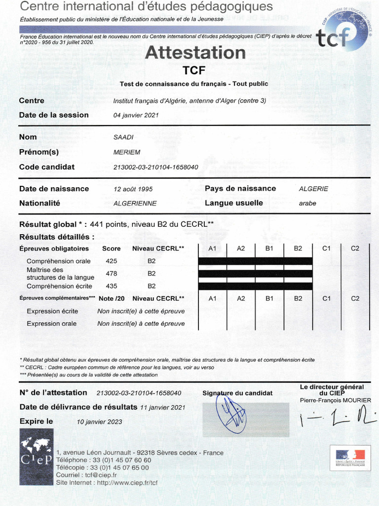Attestation TCF Meriem Saadi B2 | PDF | Enseignement des langues ...