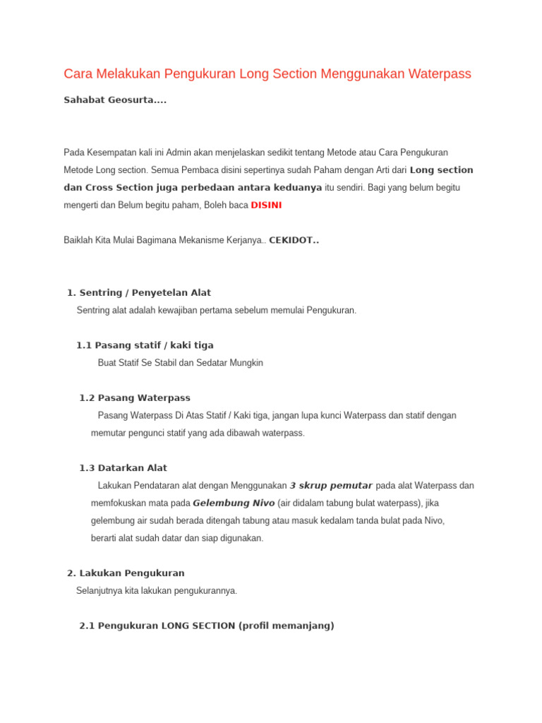 Pengukuran Long Section dengan Waterpass | PDF