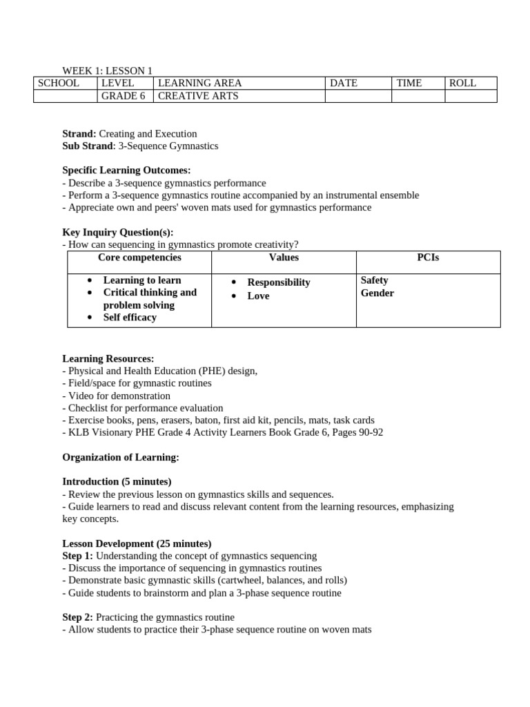 Grade 6 Gymnastics Sequence Lessons | PDF | Learning | Educational ...