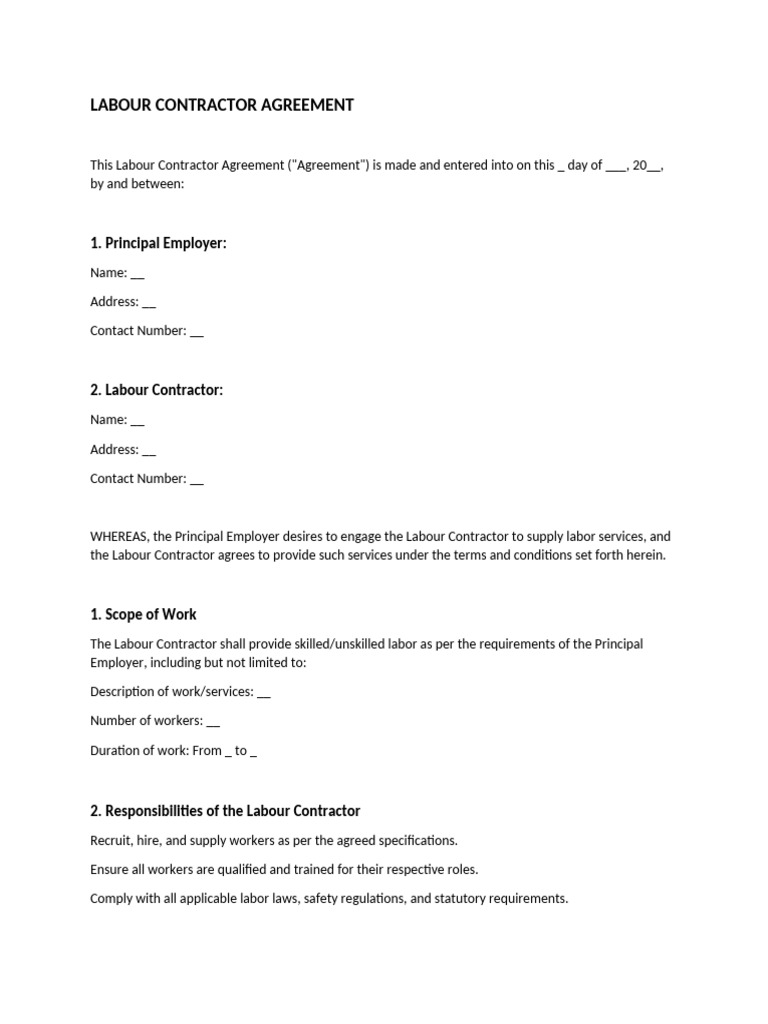 Labour Contractor Agreement Template | PDF | Employment | Labour Law
