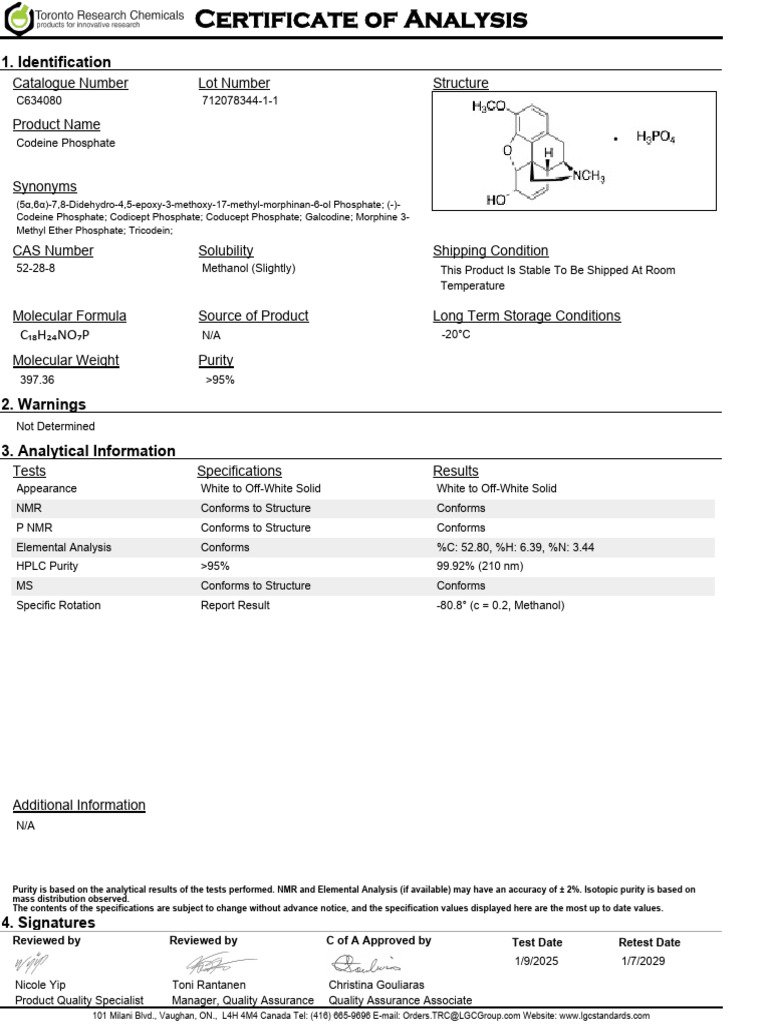 Codeine Phosphate Certificate of Analysis | PDF | Physical Sciences ...