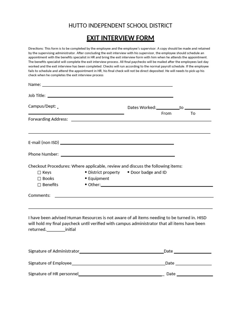 Hutto ISD Exit Interview Process Form | PDF