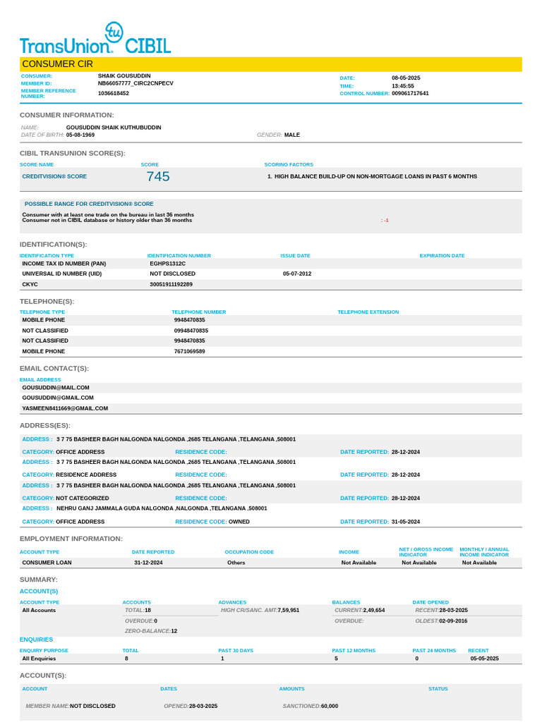 Consumer CIBIL Report Summary | PDF | Loans | Credit