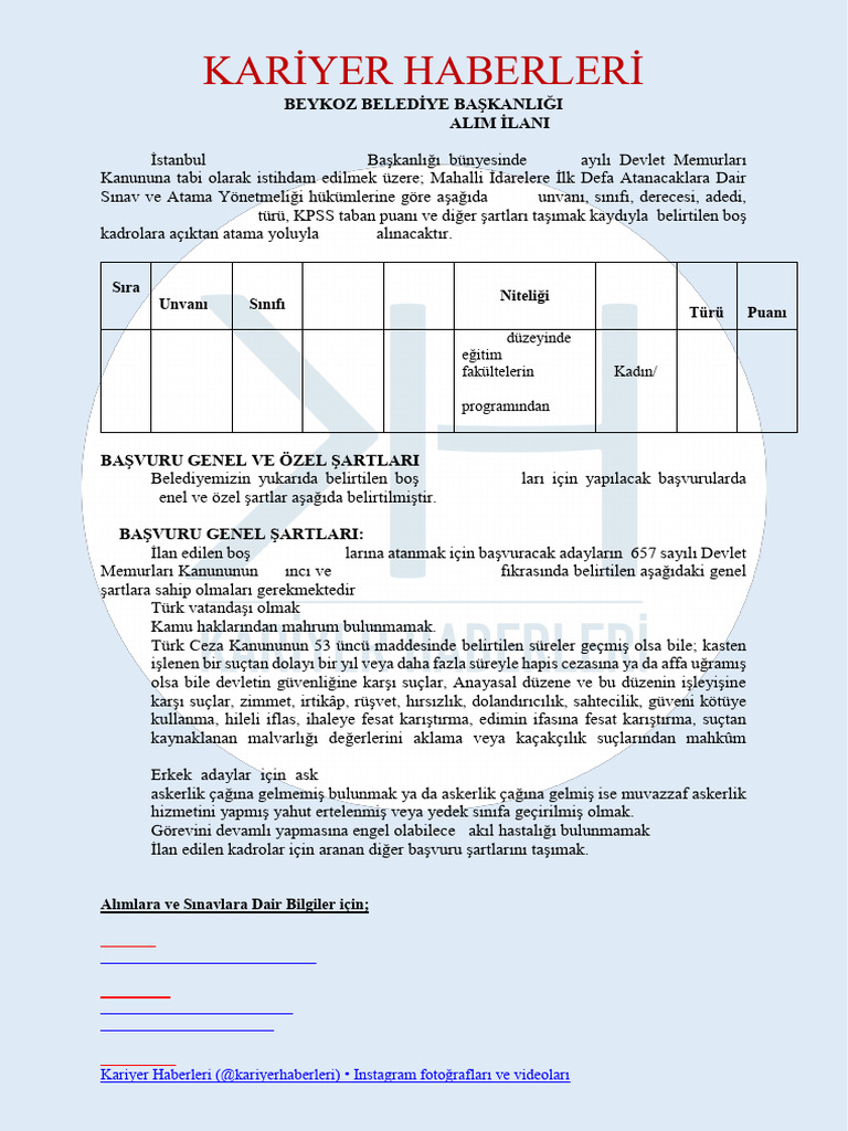 Beykoz Belediyesi 2025 Yılı Personel Alım İlanı | PDF