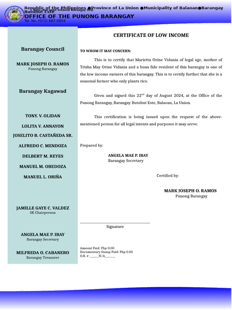 Certification of No Income | PDF
