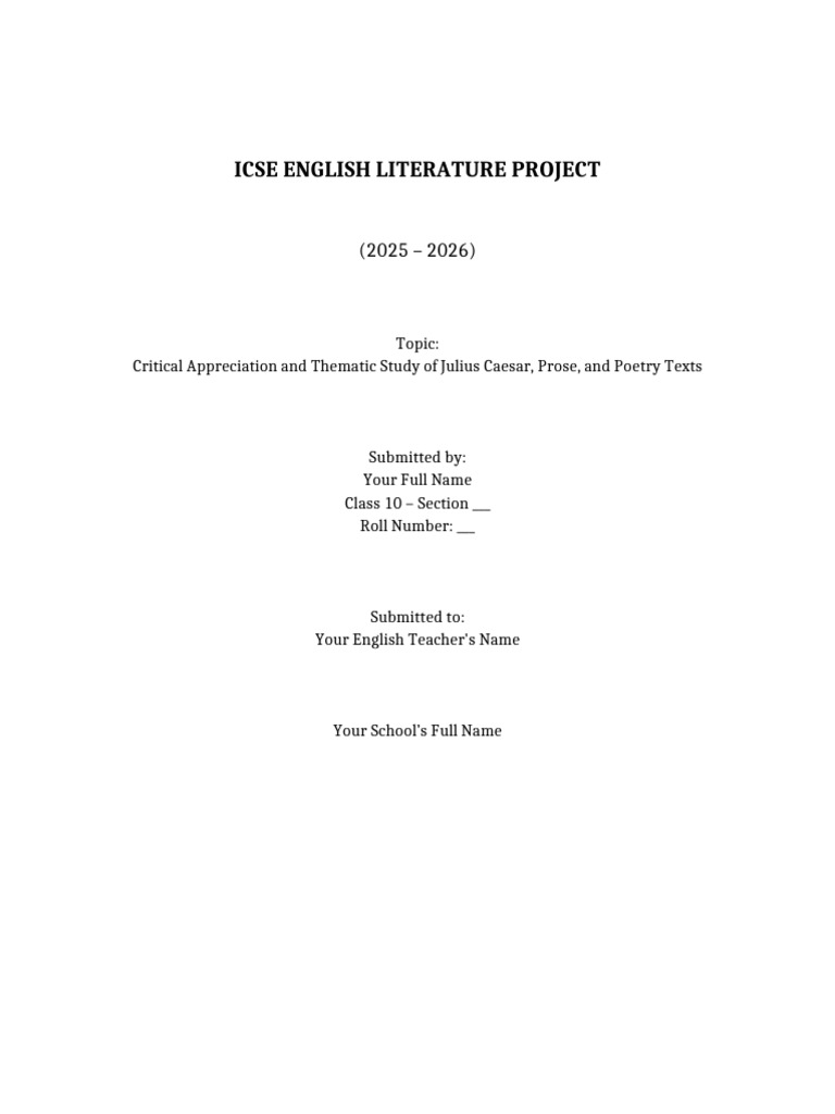 ICSE English Lit Project Title Page | PDF