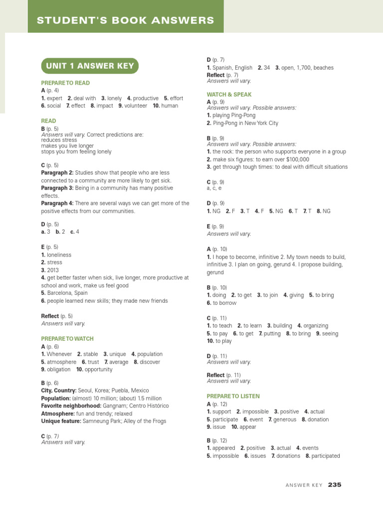 Unit 1 Answer Key Overview | PDF