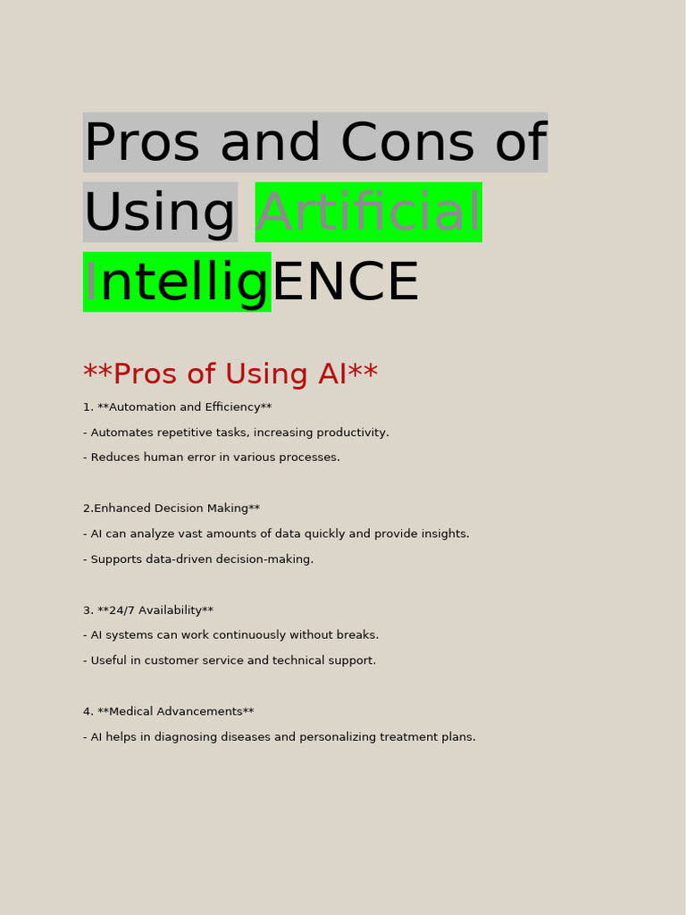 Pros and Cons of Using Artificial Intelligence | PDF