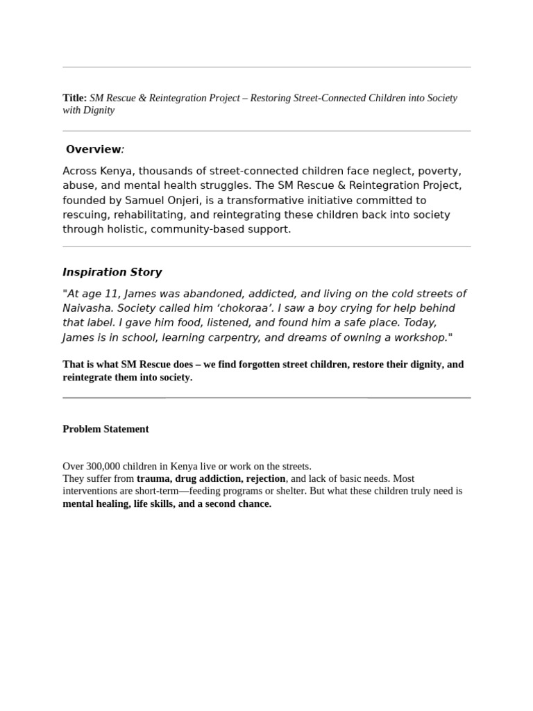 SM Rescue & Reintegration Project | PDF | Mental Health