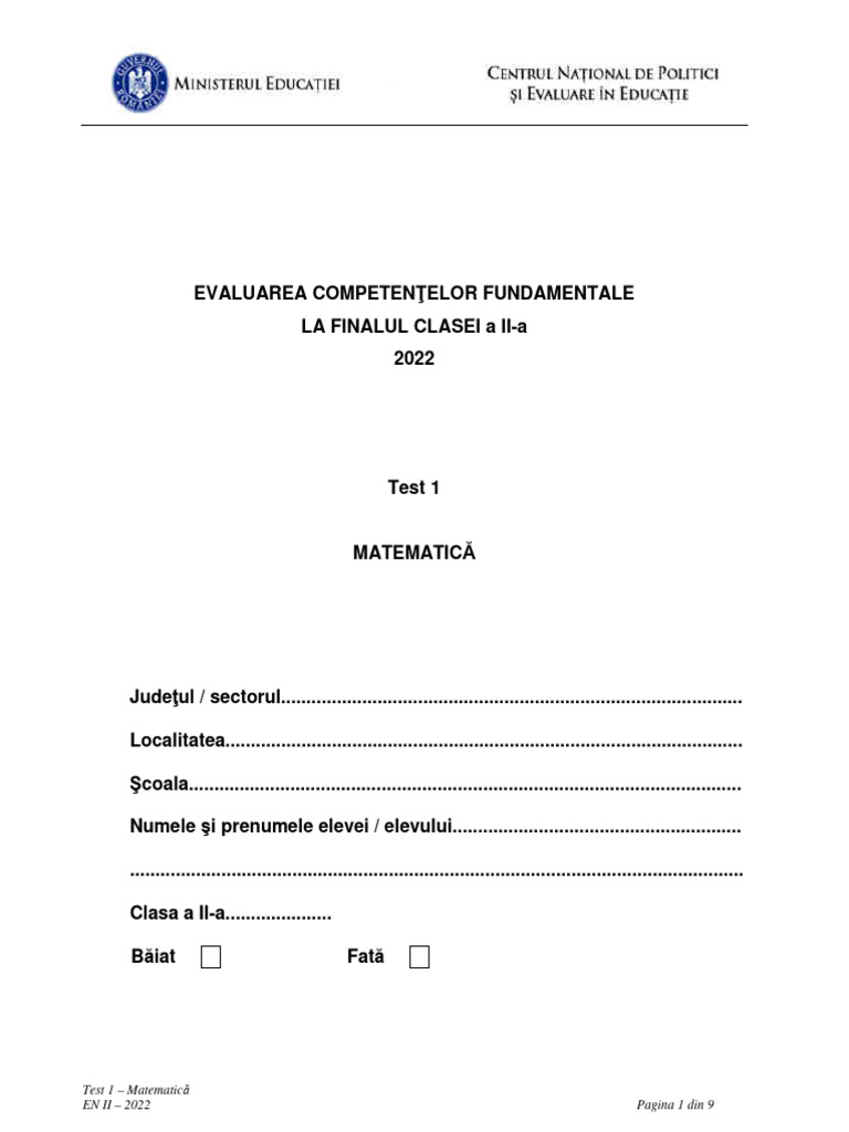 EN II 2022 Matematica Test 1 LB Ceha | PDF