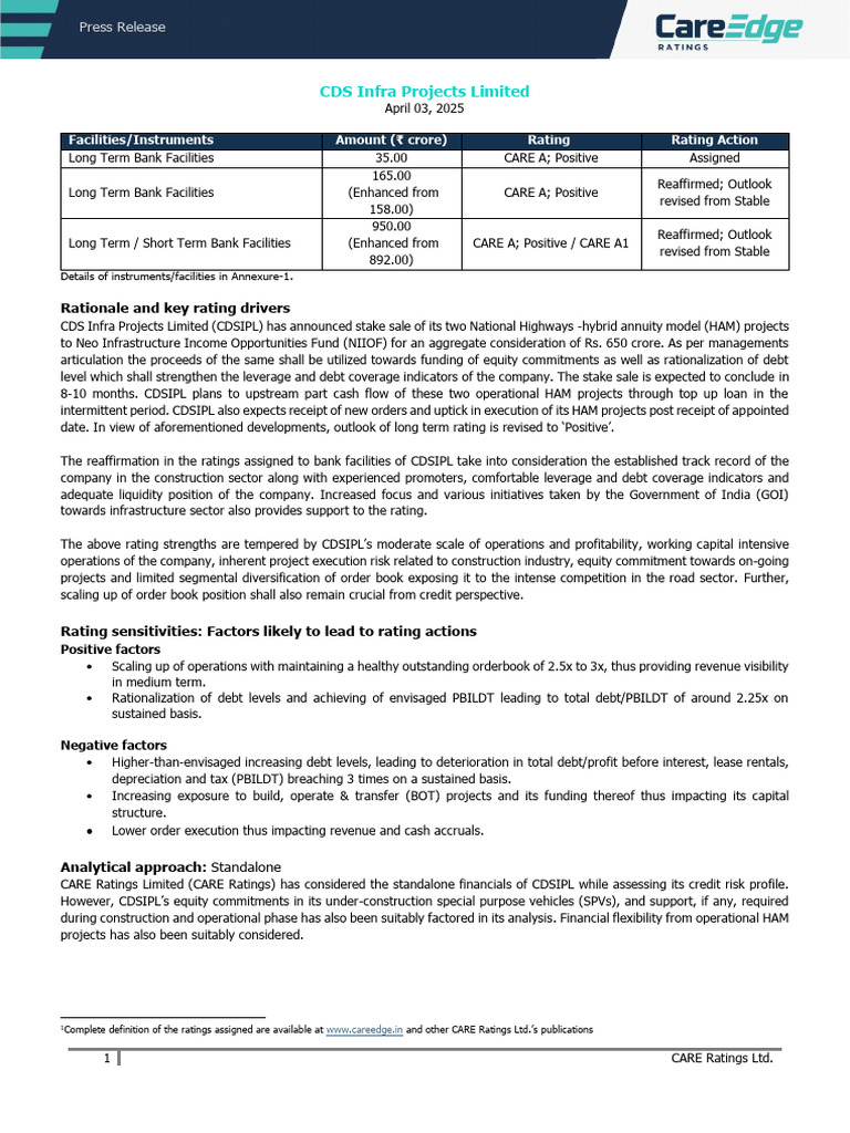 CDS Infra Projects Credit Rating Update | PDF | Equity (Finance ...