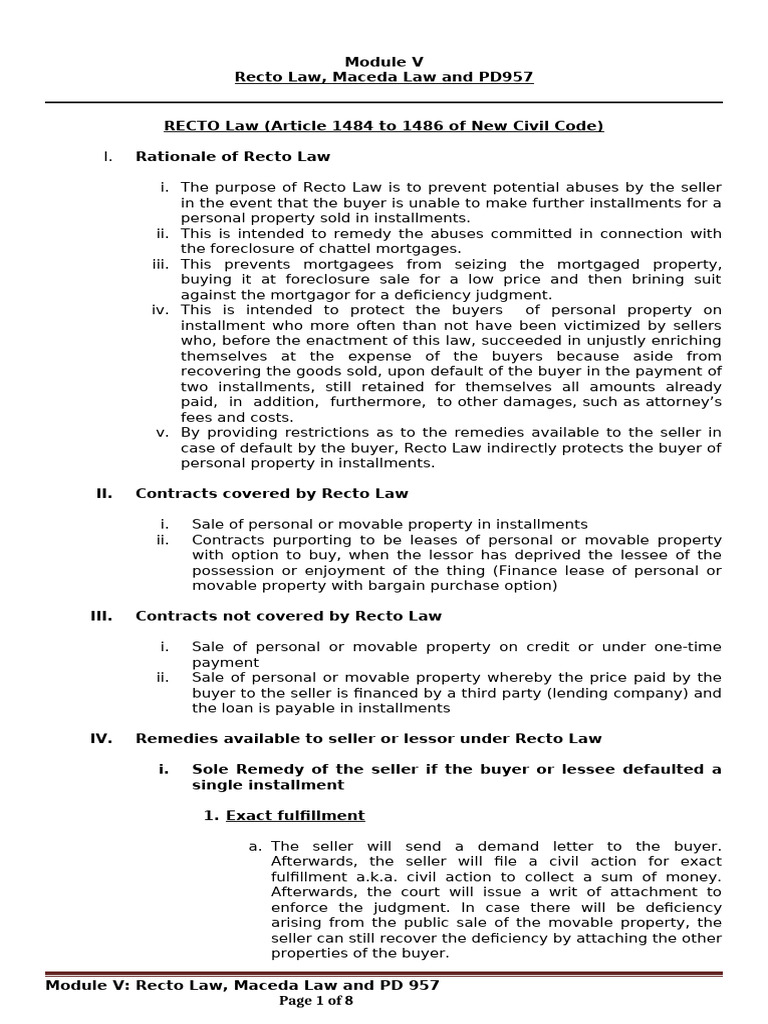 Module V Recto Law Maceda Law and PD 957 | PDF | Foreclosure | Mortgage Law