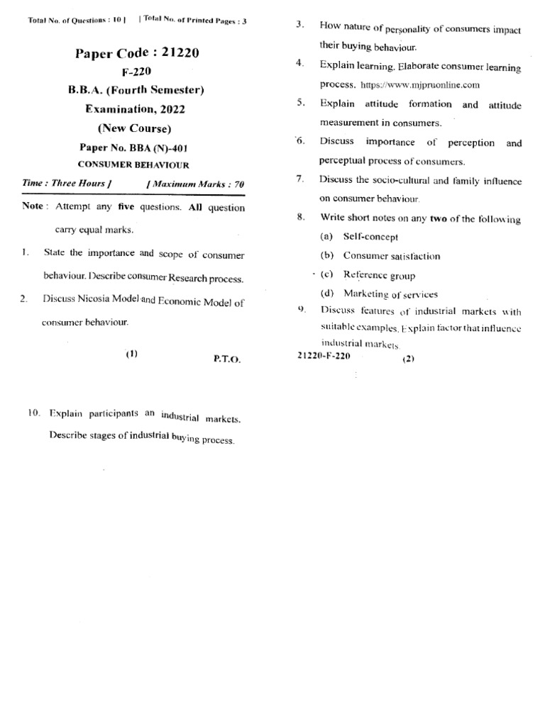Bba 4 Sem Consumer Behaviour 21220 2022 | PDF
