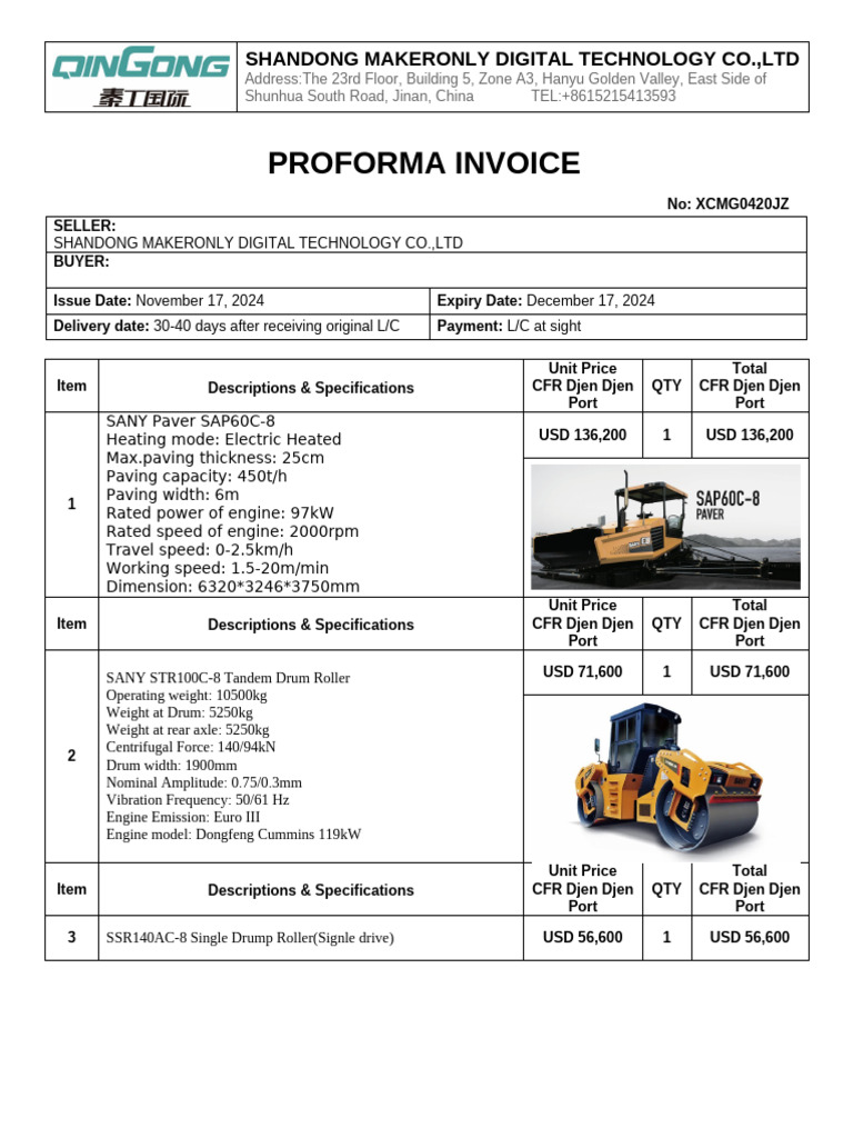 Proforma Invoice for Construction Equipment | PDF | Vehicles | Land ...