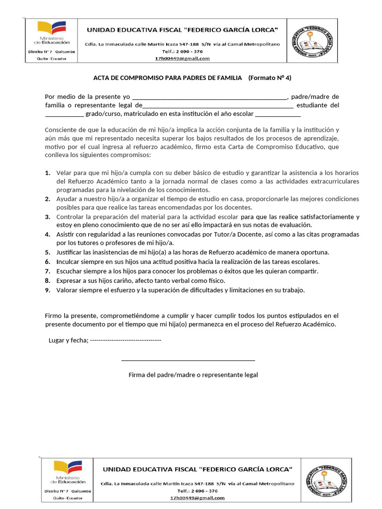 Acta de Compromiso para Padres de Familia Enviar | PDF | Evaluación ...