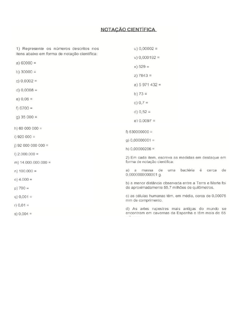 Exercícios de Notação Científica 8 Ano | PDF
