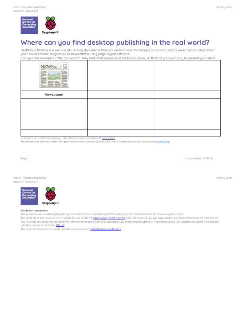 Year 3 Desktop Publishing Activity Sheet | PDF