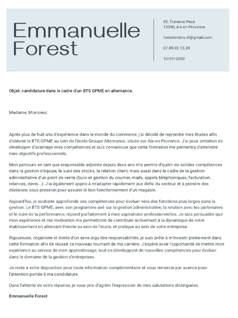 Lettre de Motivation BTS GPME Alternance PDF — free download