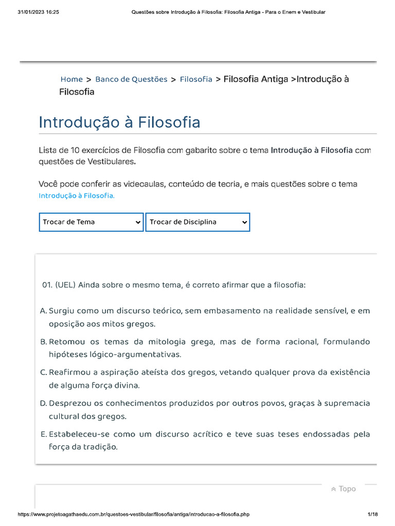 Questões Sobre Introdução A Filosofia | PDF