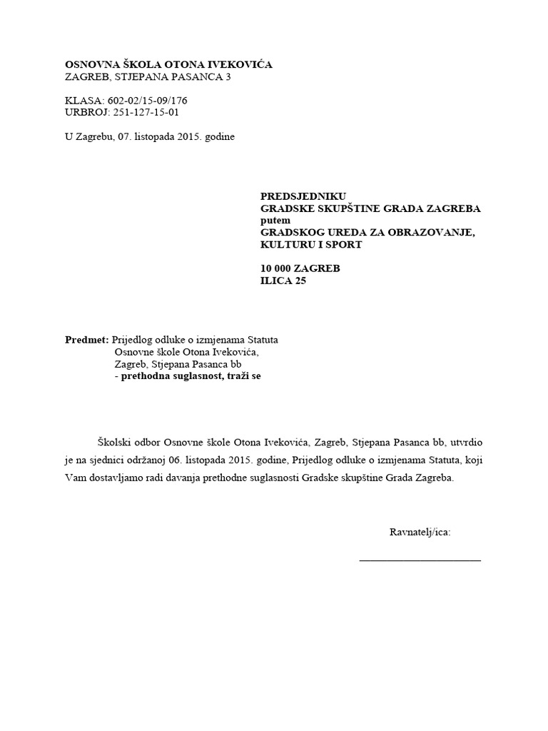 89 Prijedlog Odluke o Izmjenama Statuta Osnovne Škole Otona Ivekovića | PDF
