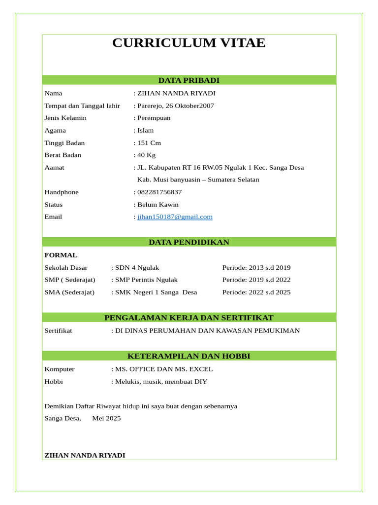 CV Zihan Nanda Riyadi 2025 | PDF
