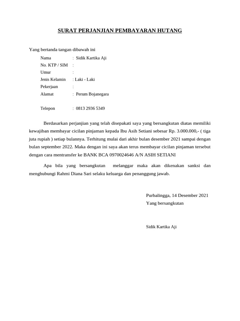 Surat Perjanjian Pembayaran Hutang | PDF
