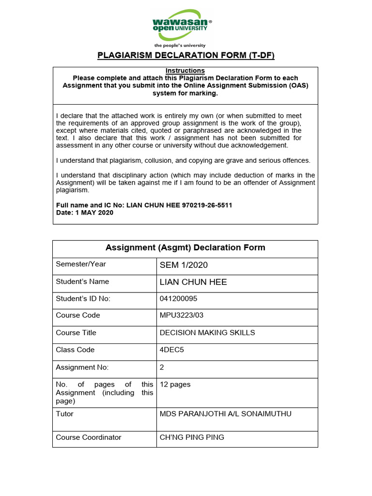 Plagiarism Declaration Form Guide | PDF