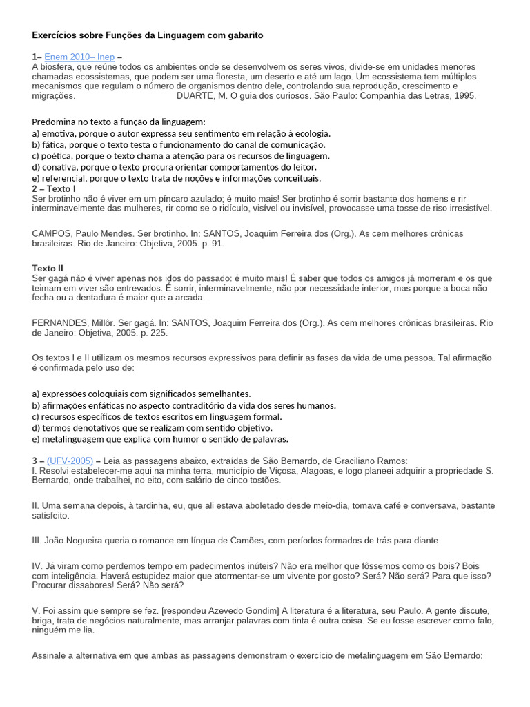Exercícios ENEM: Funções da Linguagem | PDF | Autor | Raça ...
