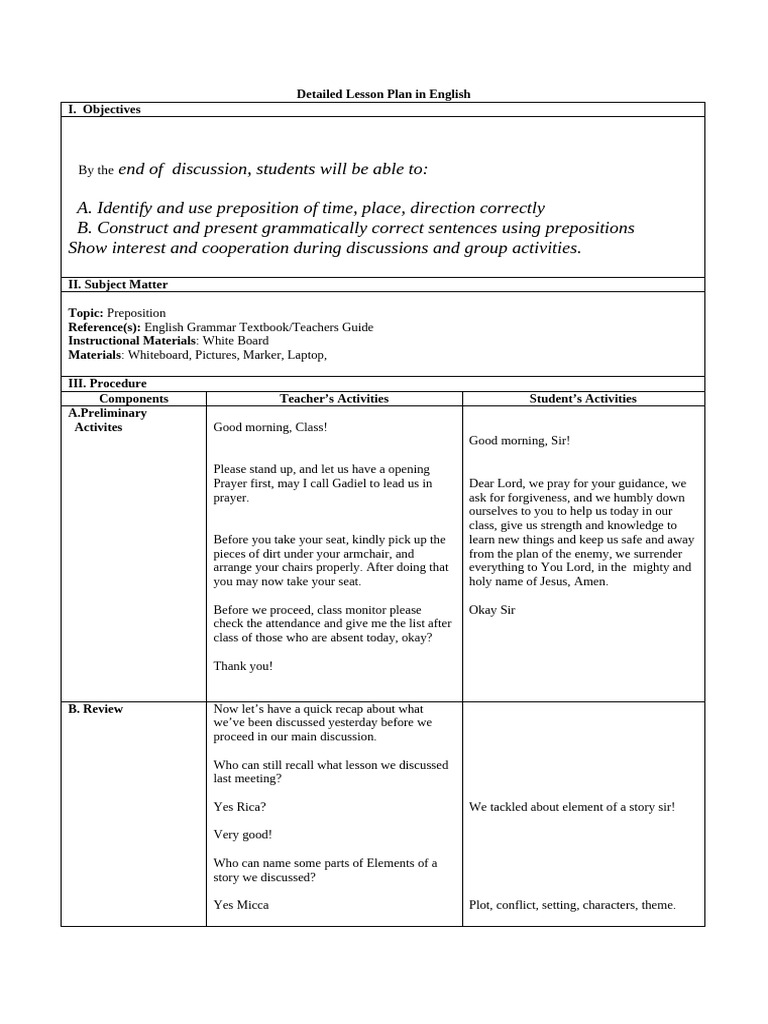Detailed Lesson Plan in EnglishPreposition | PDF | Lesson Plan ...