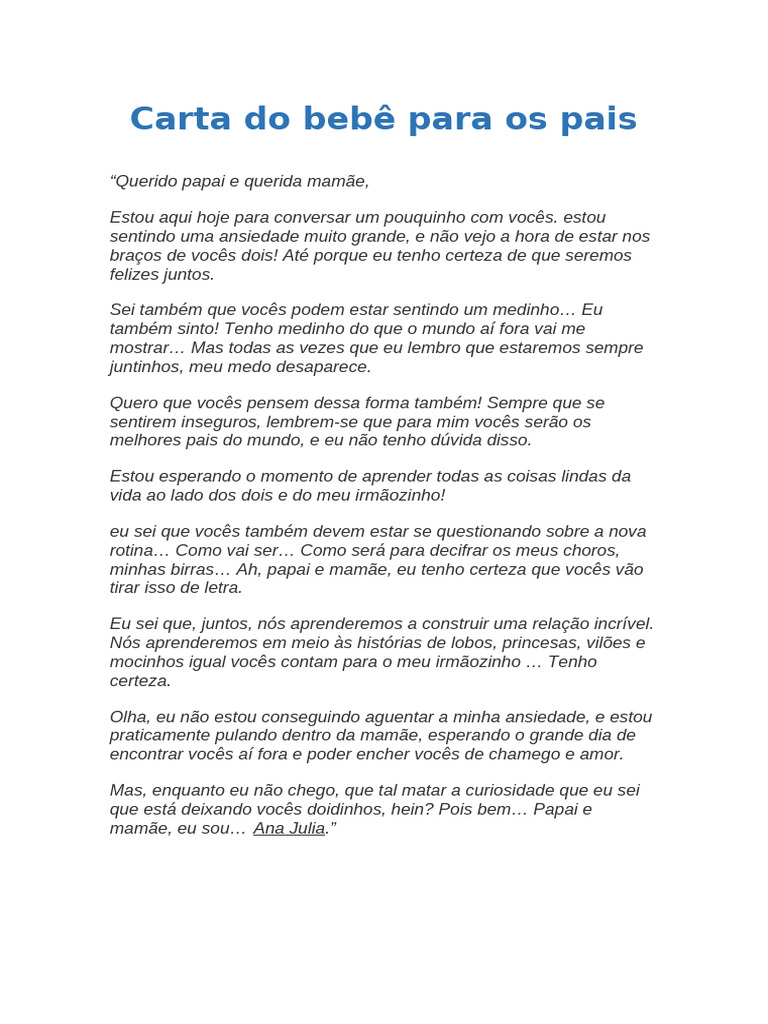 Carta do Bebê para os Pais | PDF
