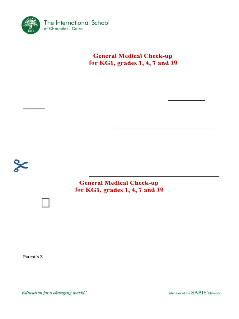 Medical Check-up for KG1 and Grades 1, 4, 7, 10 | PDF