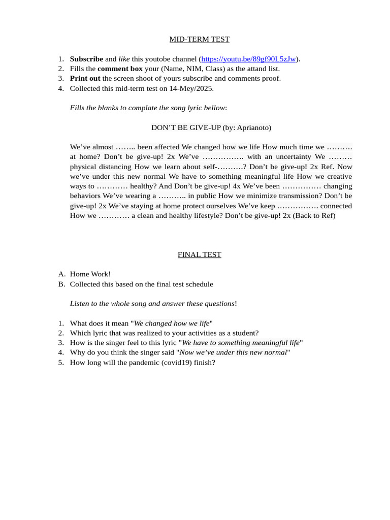 Mid Term Test and Final Test Kls o | PDF